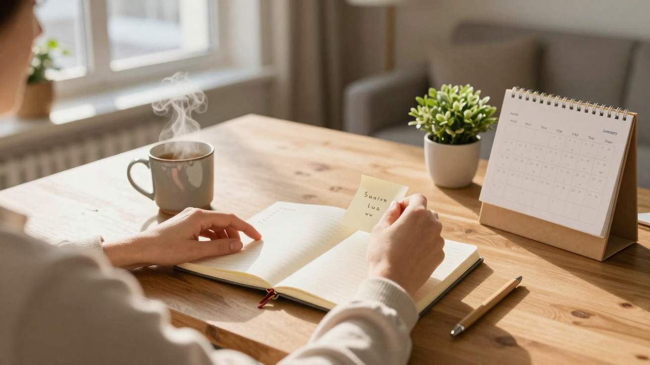 Pessoa a escrever num caderno numa mesa de madeira com chá quente, planta e calendário de mesa.