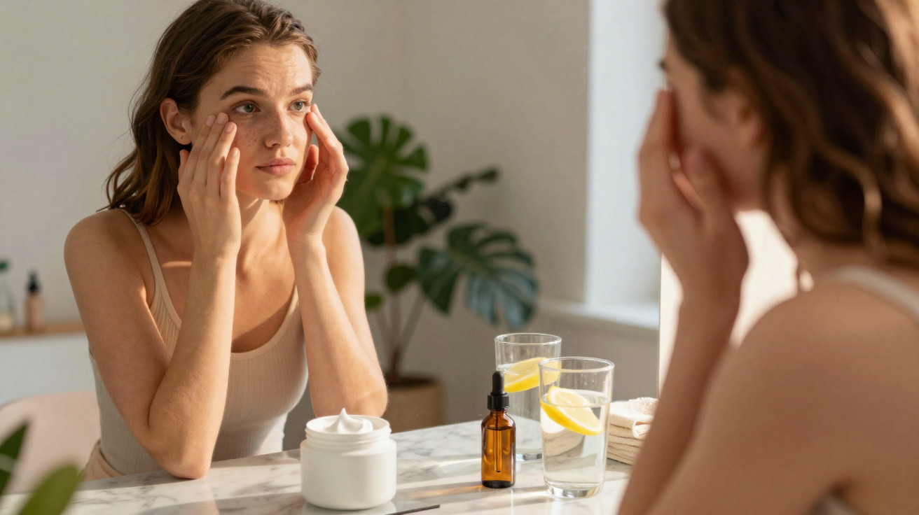 Mulher aplica creme hidratante no rosto em frente ao espelho numa mesa com copos de água e frascos de cosméticos.