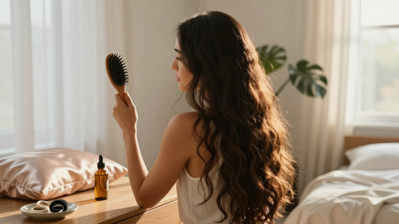 Mulher sentada no quarto a olhar para uma escova de cabelo, com cabelo longo e ondulado.