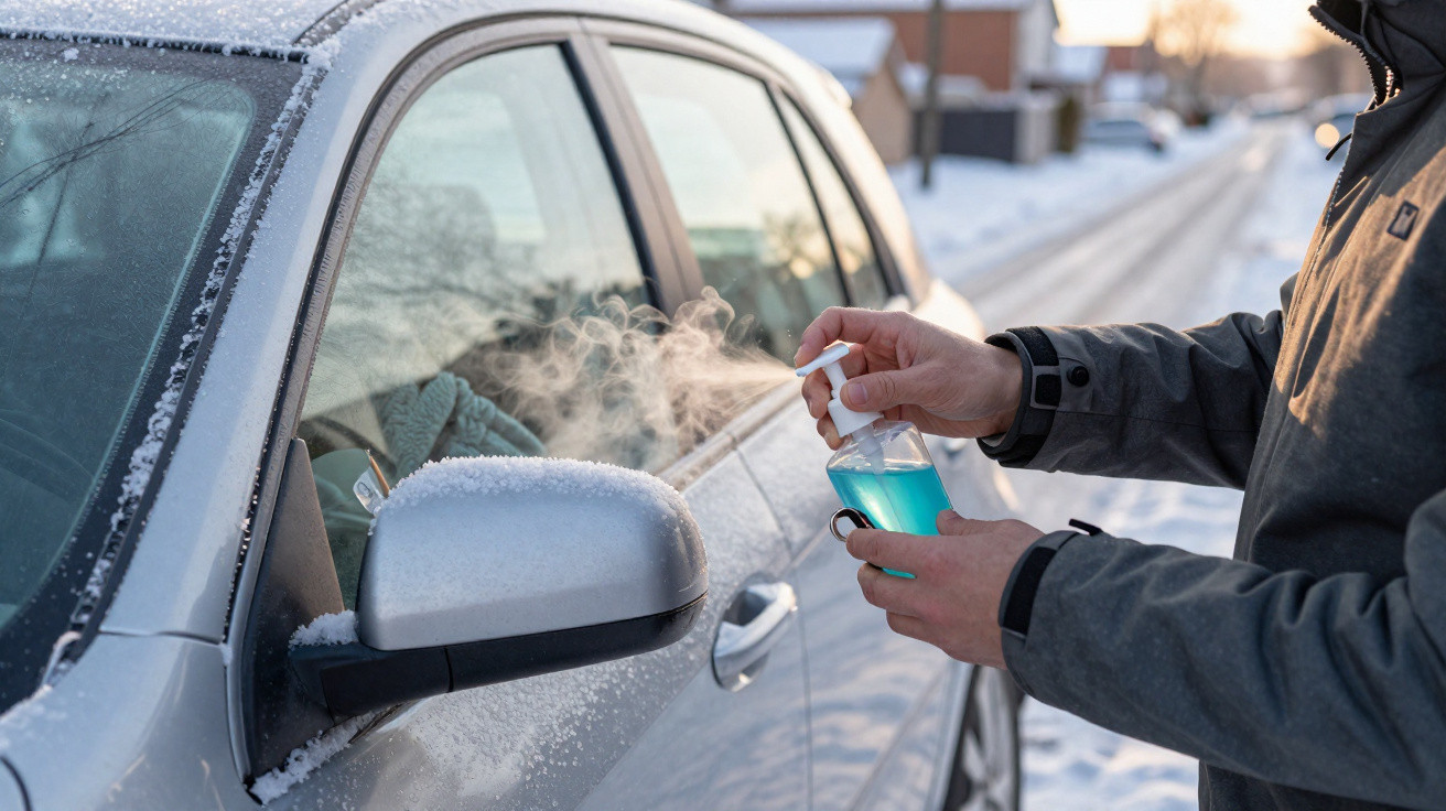 Pessoa a aplicar spray anti-congelante no espelho lateral congelado de um carro num dia de inverno.