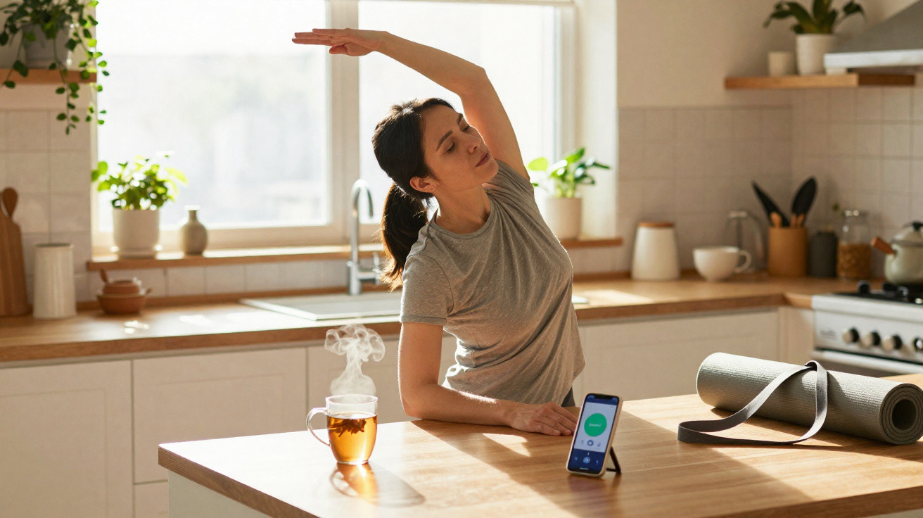 Mulher a fazer alongamentos na cozinha, com chá quente e tapete de yoga ao lado.