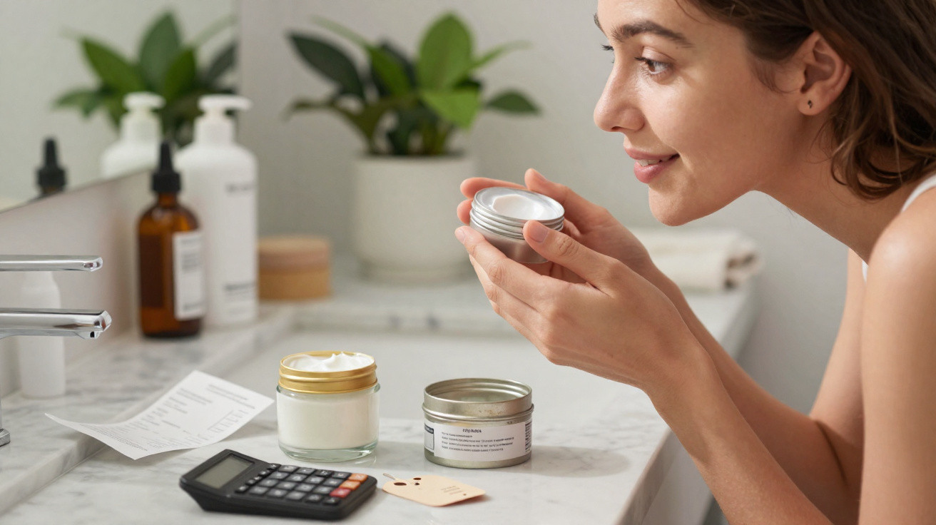 Mulher desfrutando do aroma de creme facial em casa, com produtos de beleza sobre balcão de mármore.