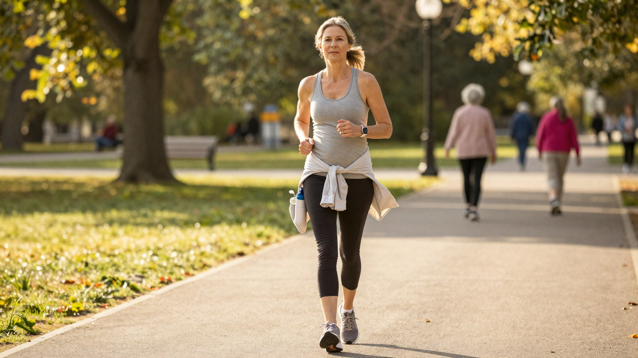 Mulher a correr num parque com roupa desportiva, rodeada de árvores e outras pessoas a caminhar.