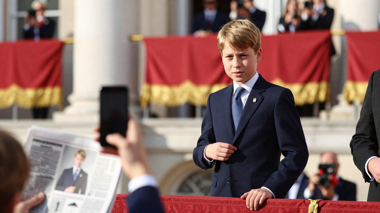 Jovem vestido formalmente numa cerimónia oficial, pessoas ao fundo e bandeiras vermelhas decorativas.
