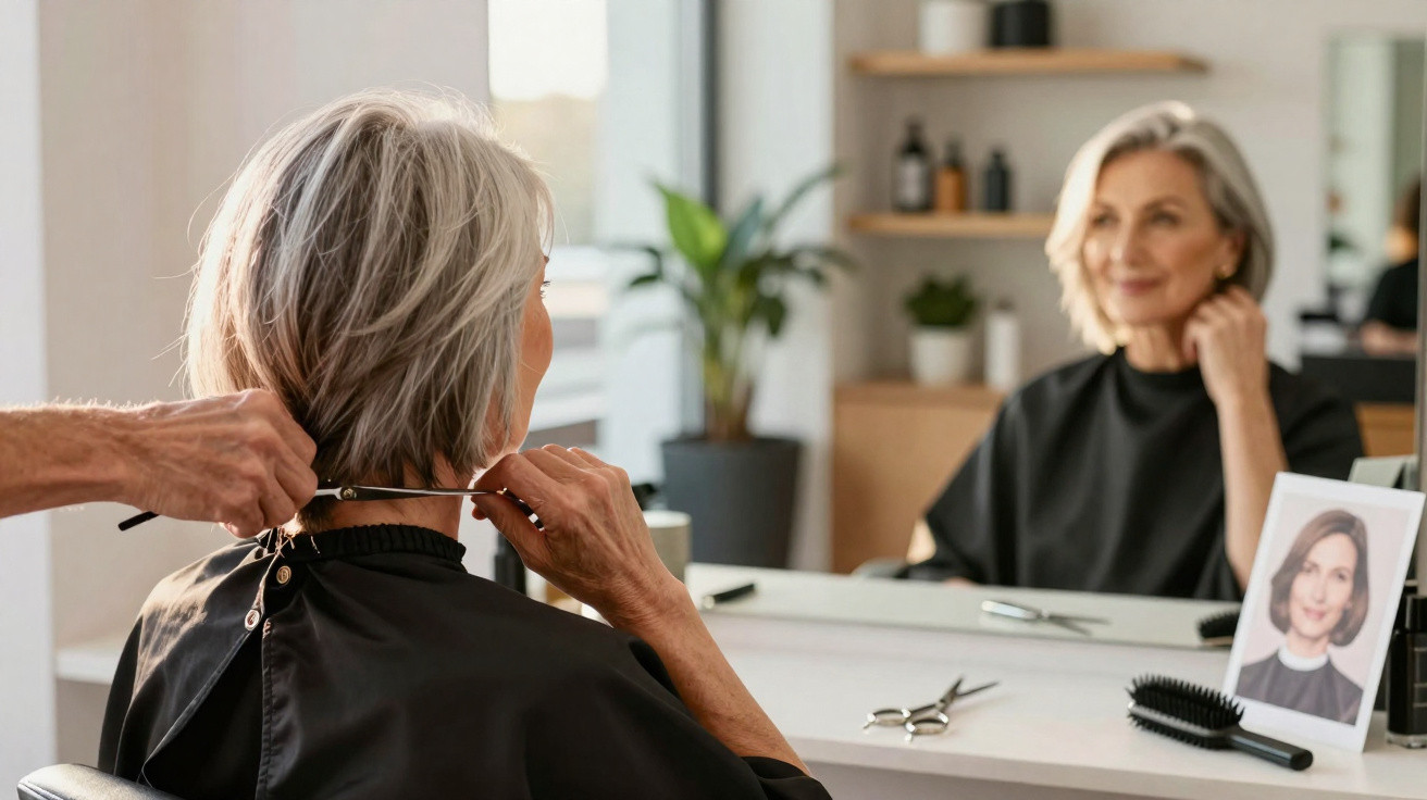 Mulher sénior a experimentar um novo corte de cabelo num salão de beleza moderno.