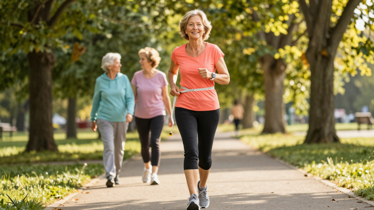 Mulher sénior a correr num parque com duas mulheres a caminhar ao fundo em dia soalheiro.