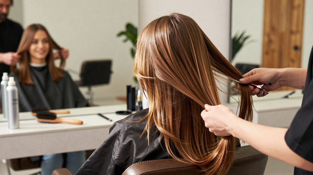 Mulher sentada no cabeleireiro a cortar o cabelo liso e castanho, com espelho ao fundo e pente sobre a mesa.