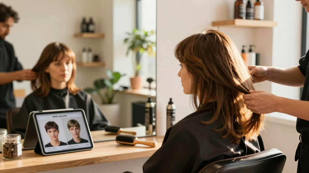 Mulher no cabeleireiro, sentada a olhar para um tablet com estilos de cabelo, enquanto hairstylist mexe no seu cabelo.