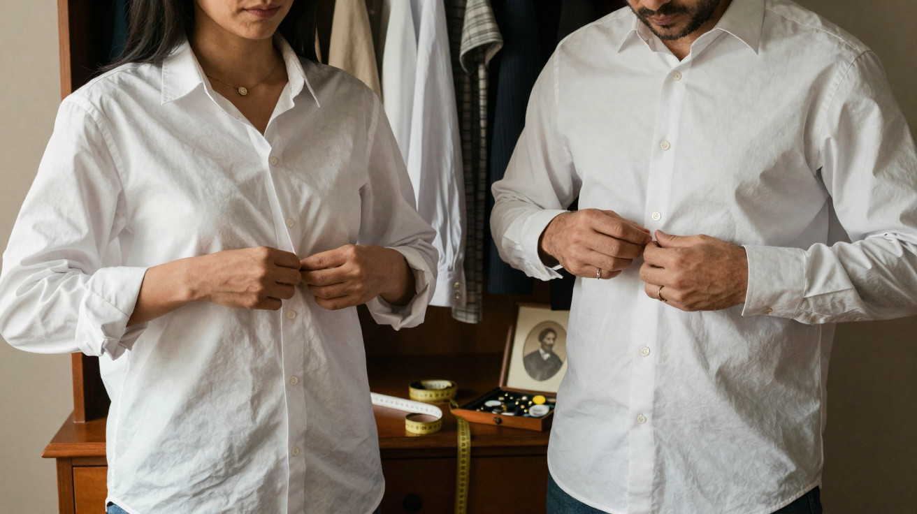 Casal a abotoar camisas brancas em frente a armário com roupas e acessórios de costura.