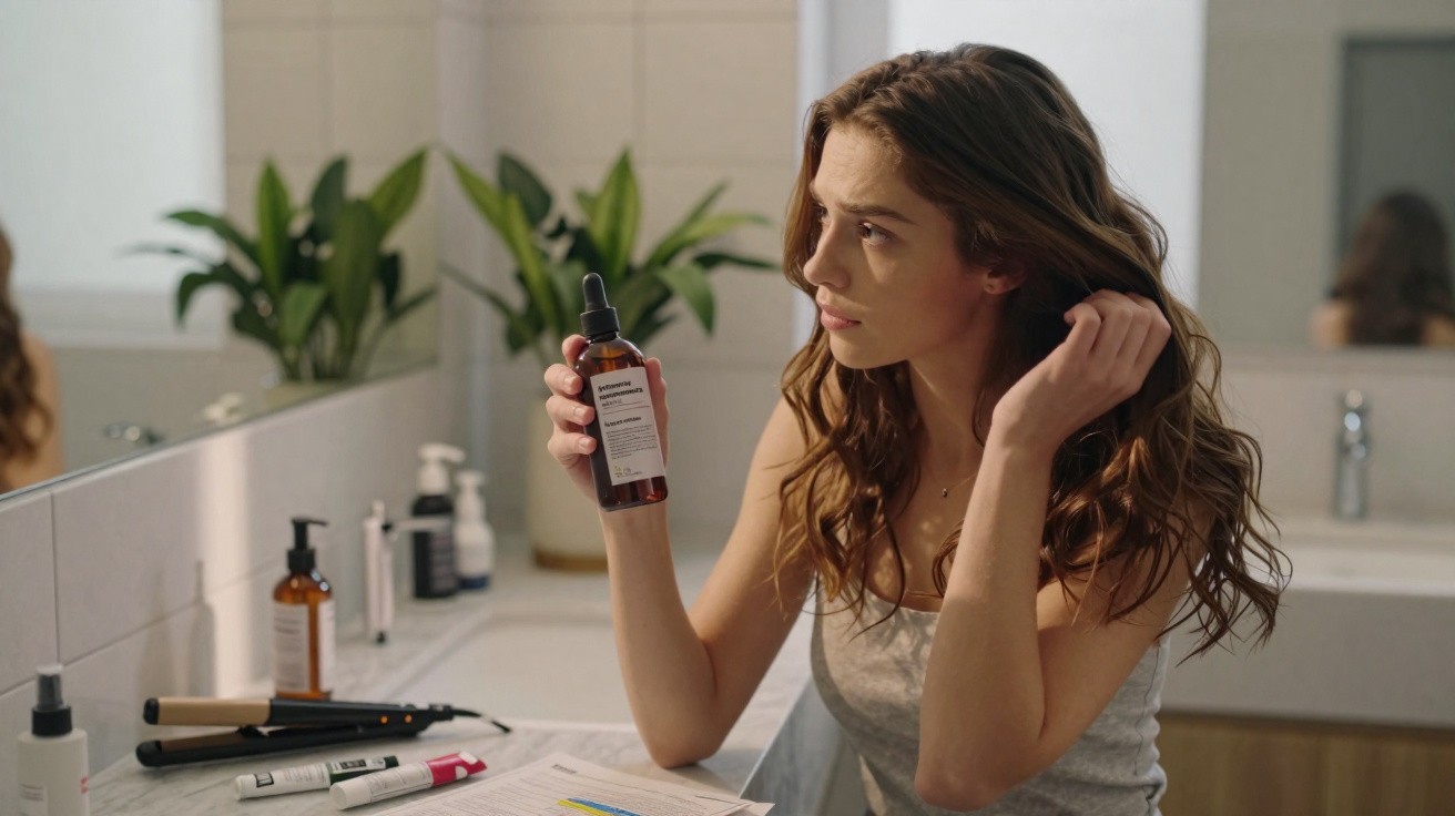 Mulher sentada numa casa de banho a segurar frasco de produto capilar e olhando para o espelho.
