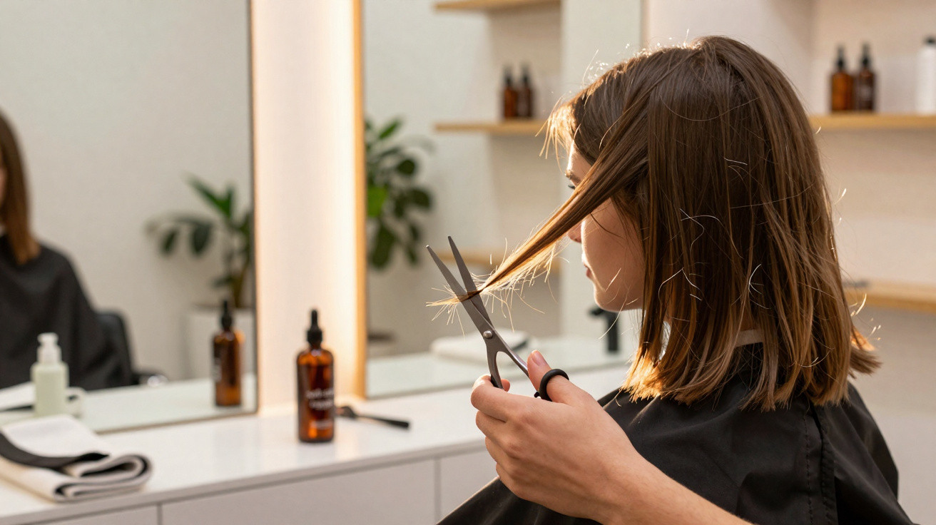 Mulher sentada num cabeleireiro a cortar o cabelo à frente de um espelho.
