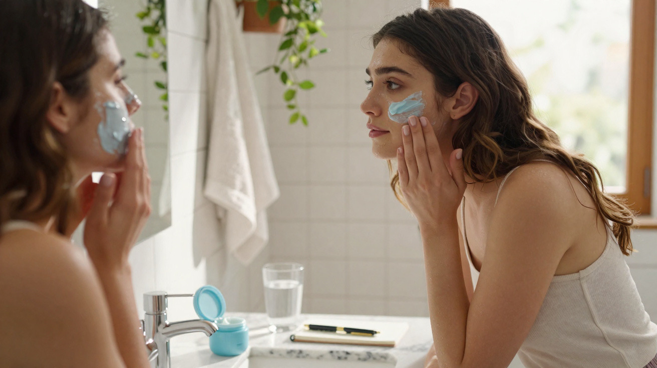 Mulher a aplicar creme facial azul no rosto, refletida no espelho de uma casa de banho iluminada.