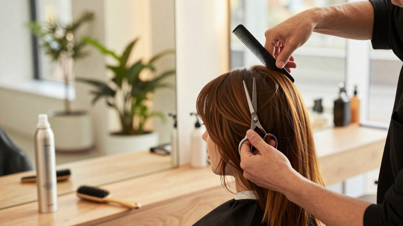 Pessoa a cortar cabelo castanho numa cabeleireira com tesoura e pente, vista lateral.