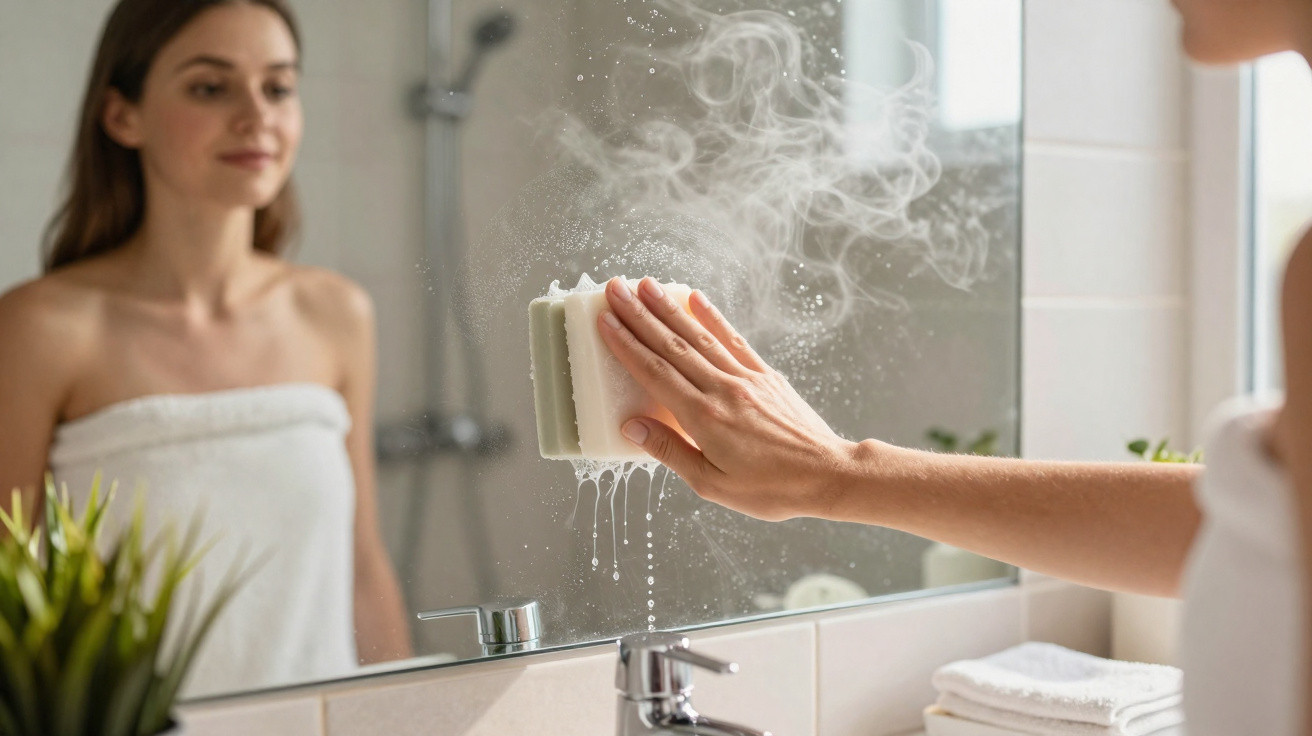 Pessoa com toalha a limpar um espelho de casa de banho com uma esponja húmida e vapor no vidro.