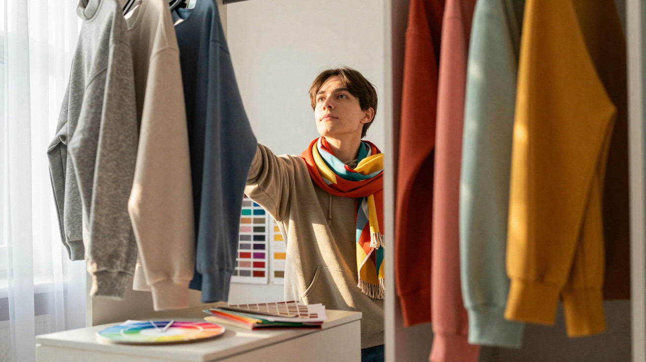 Pessoa a escolher uma camisola colorida num armário, com amostras de cores numa mesa ao lado.
