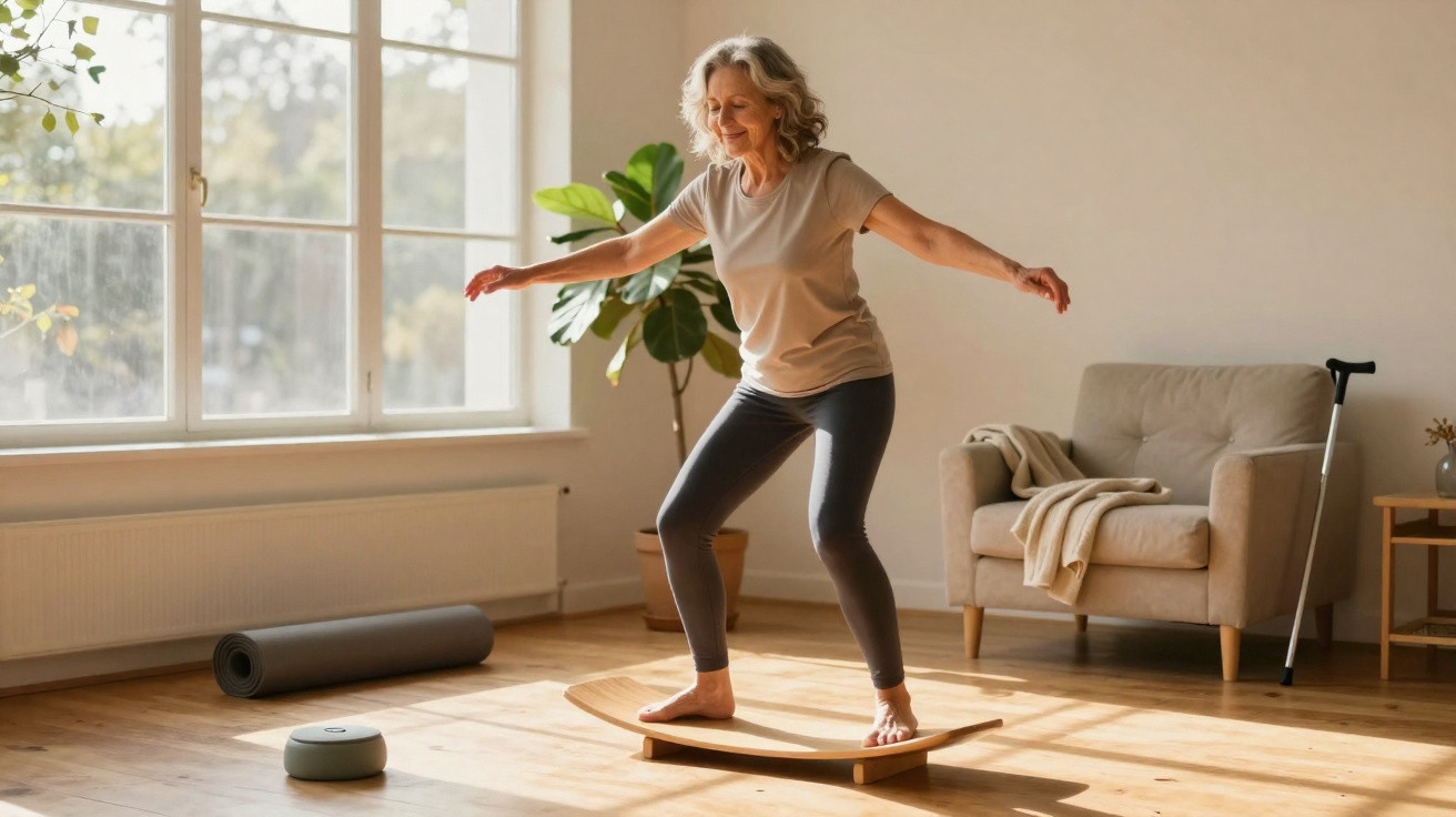 Mulher idosa a equilibrar num skate de equilíbrio numa sala iluminada e acolhedora.