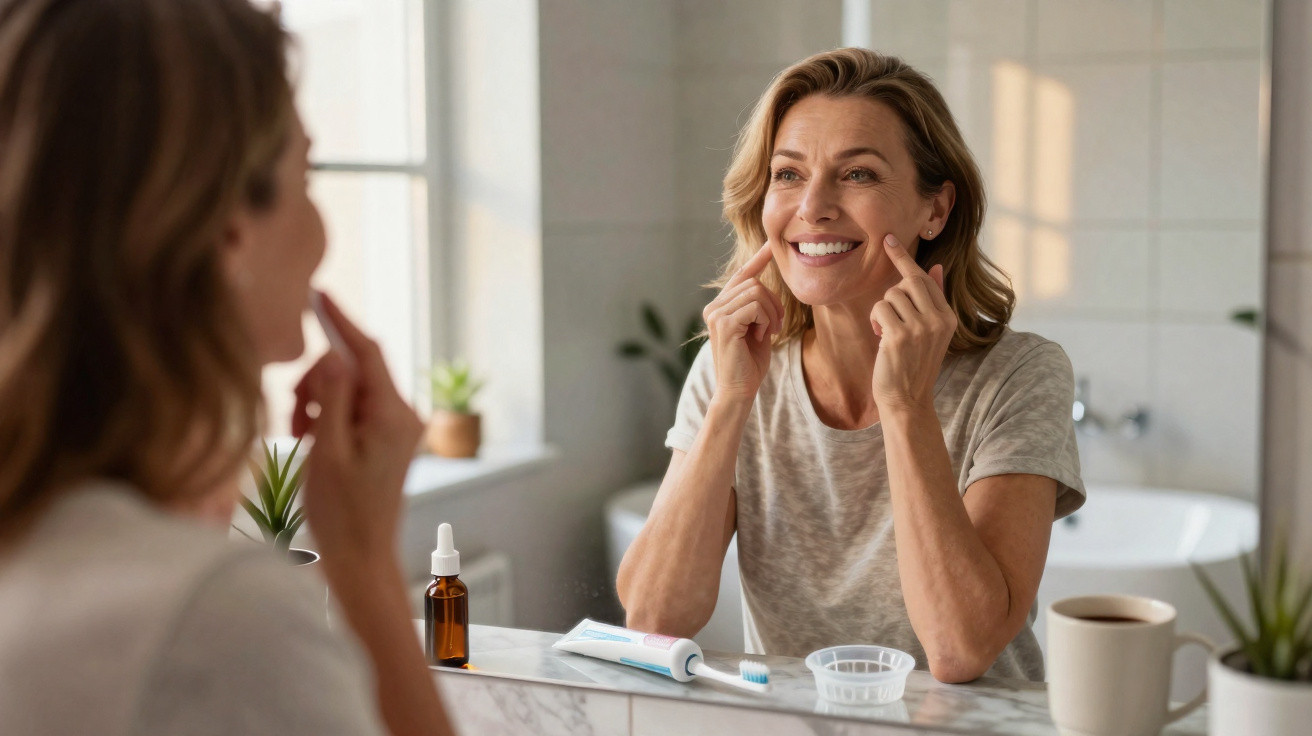 Mulher sorridente a cuidar da pele no banho, refletida no espelho, com produtos de cuidados pessoais.