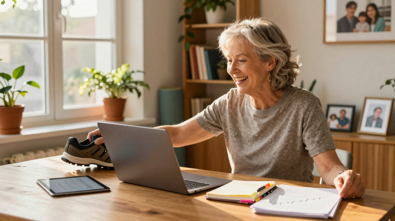 Mulher idosa sorridente usa computador portátil sentada à mesa com sapatilha, cadernos e tablet num ambiente luminoso.