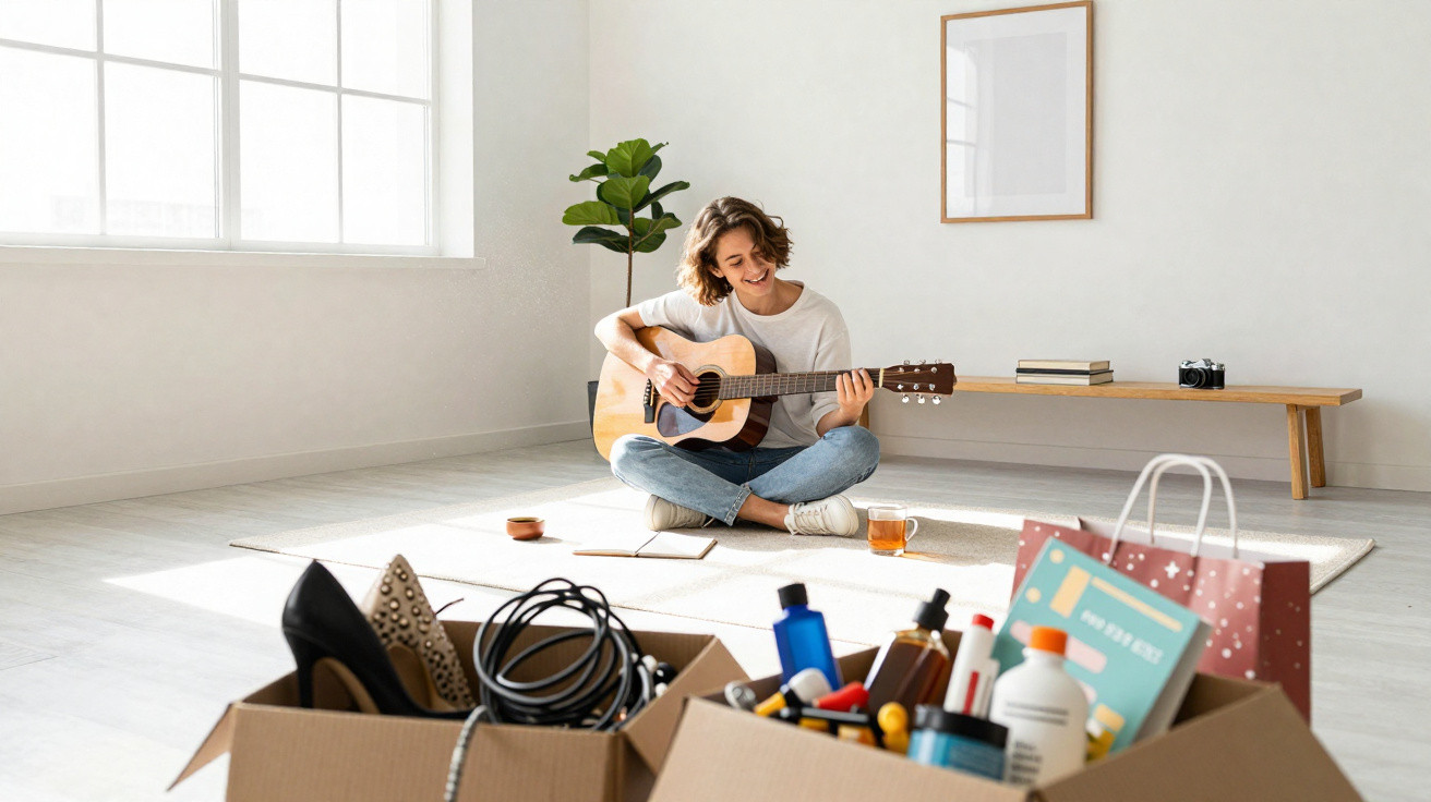 Pessoa sentada no chão a tocar guitarra num espaço claro com caixas de mudança à frente.
