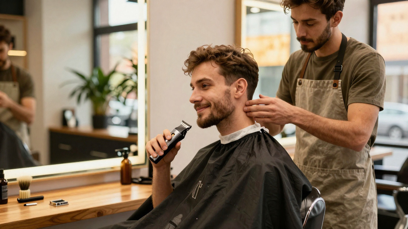 Homem a fazer a barba na barbearia enquanto barbeiro lhe corta o cabelo.