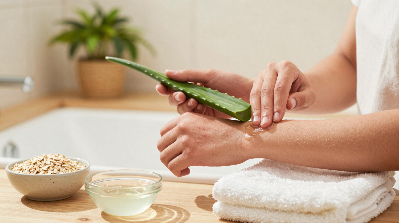Pessoa aplicando gel de aloe vera no braço em ambiente relaxante com toalhas e tigelas na mesa.
