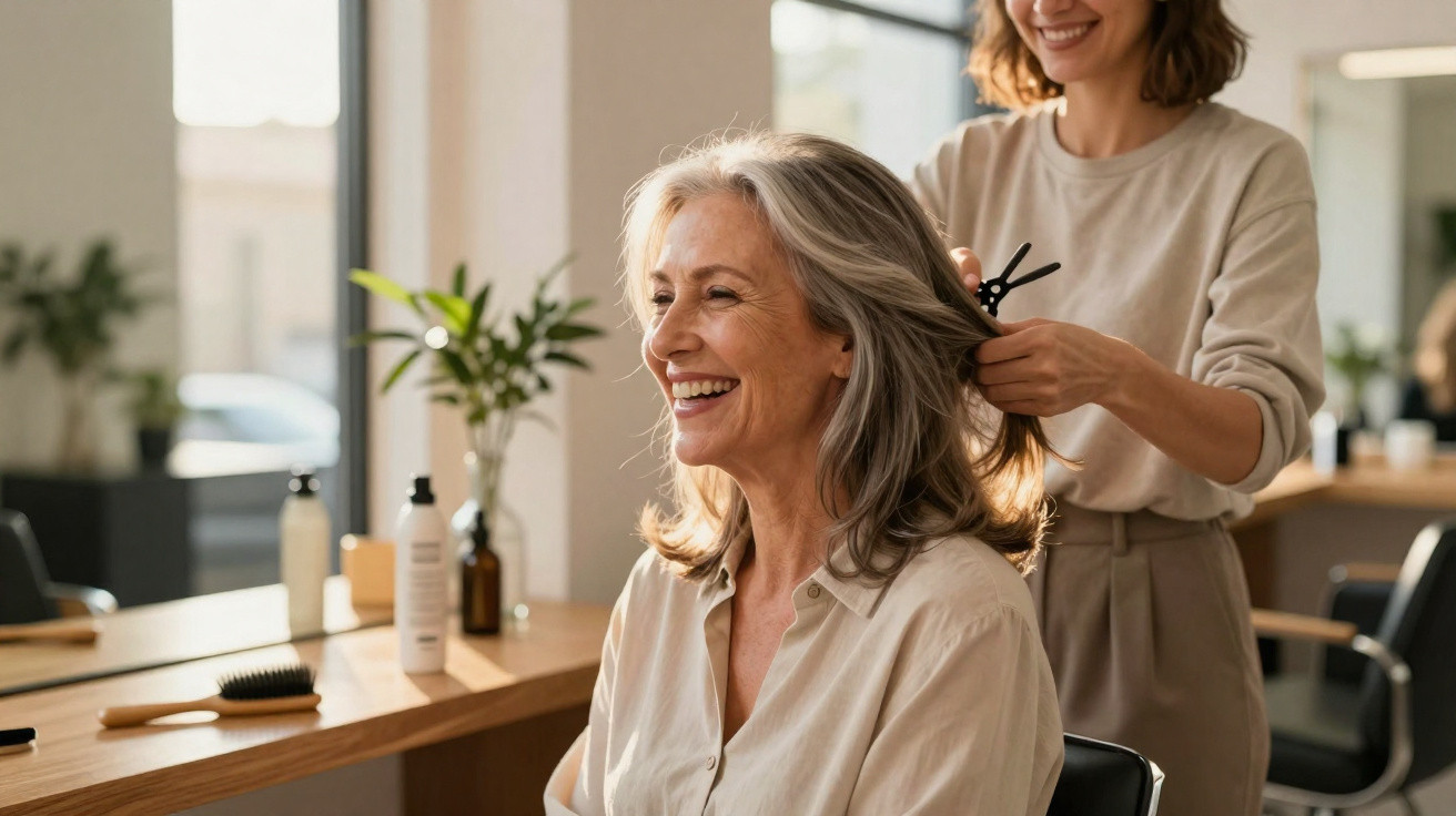 Mulher sorridente a cortar o cabelo num salão moderno com decoração minimalista e plantas verdes.