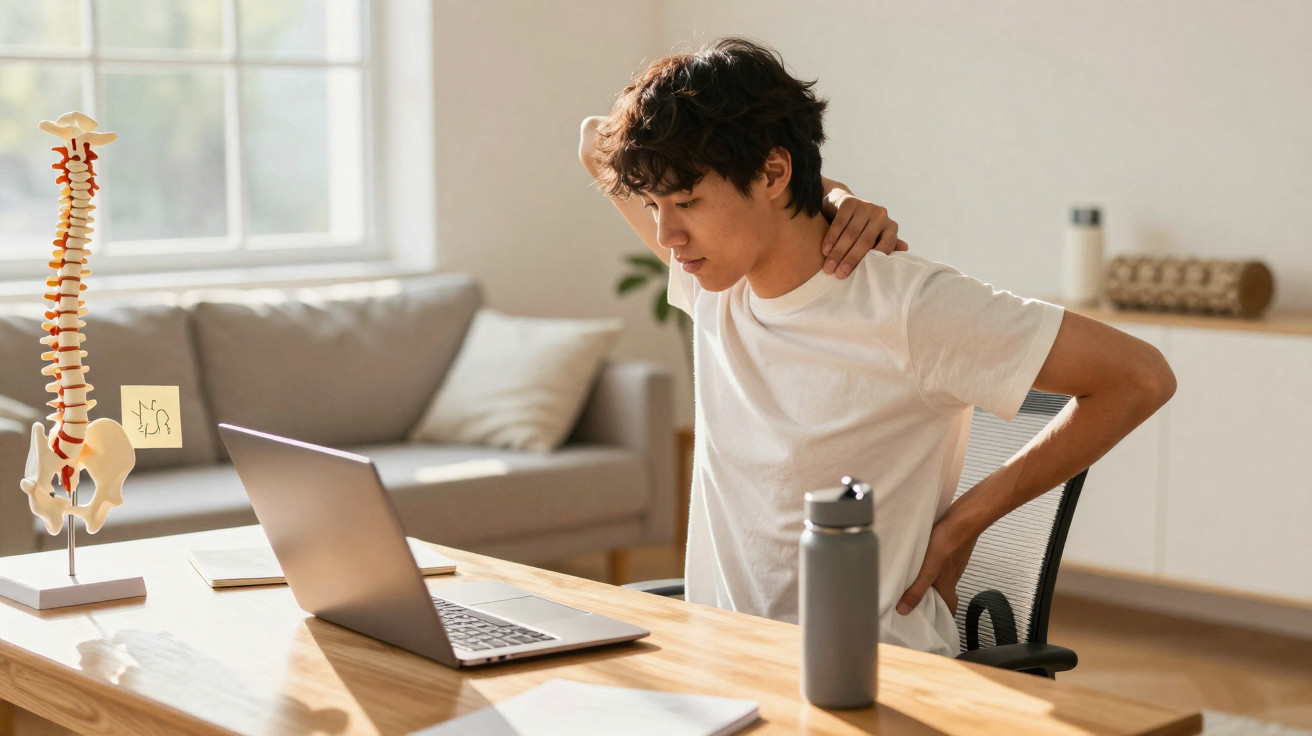 Jovem sentado no escritório com dor nas costas e pescoço enquanto usa computador portátil.