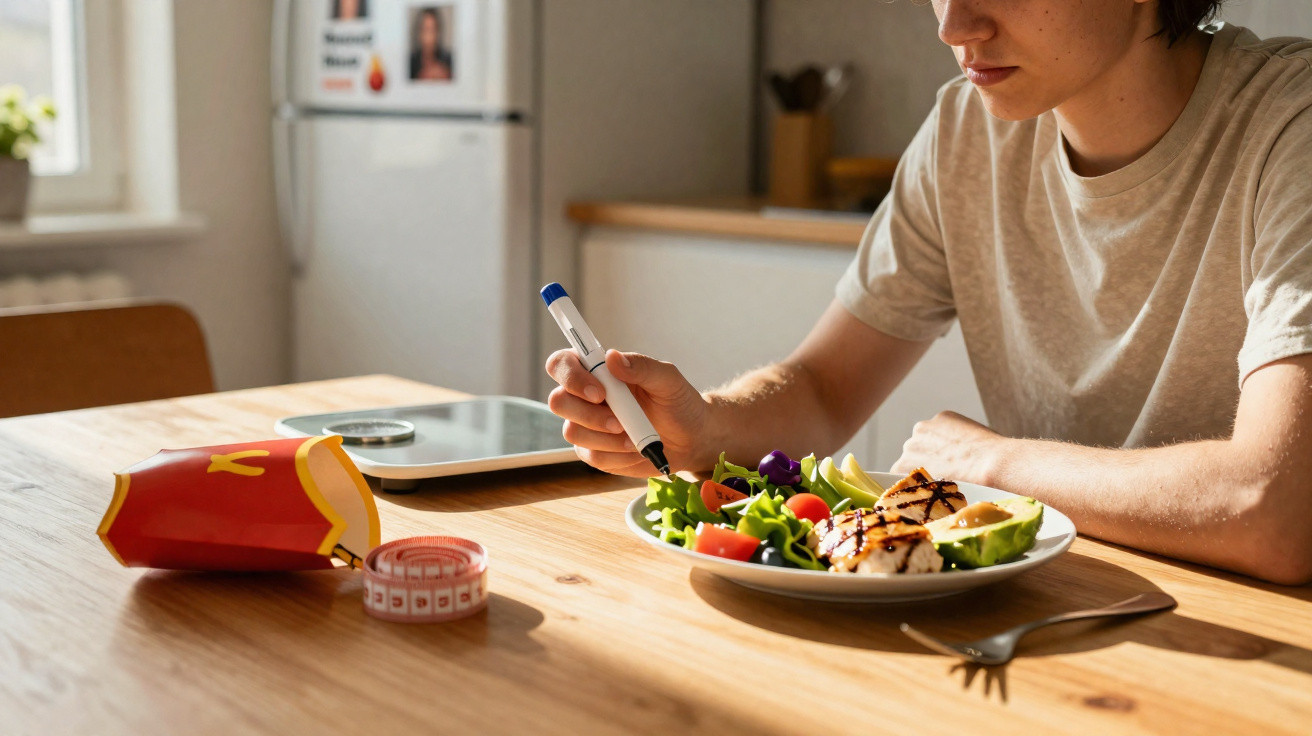Pessoa segurando caneta junto a prato com salada e frango grelhado numa mesa com fita métrica e embalagem de batatas fritas.