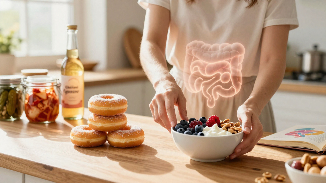 Pessoa escolhe caju e frutos vermelhos em tigela com iogurte, rodeada por donuts na cozinha.