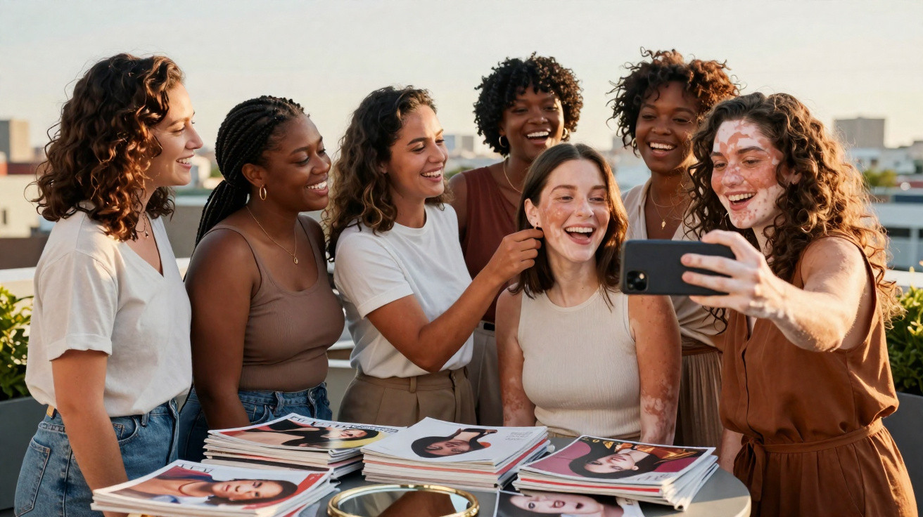 Grupo de seis mulheres sorridentes a tirar selfie numa mesa com várias revistas de moda ao ar livre.