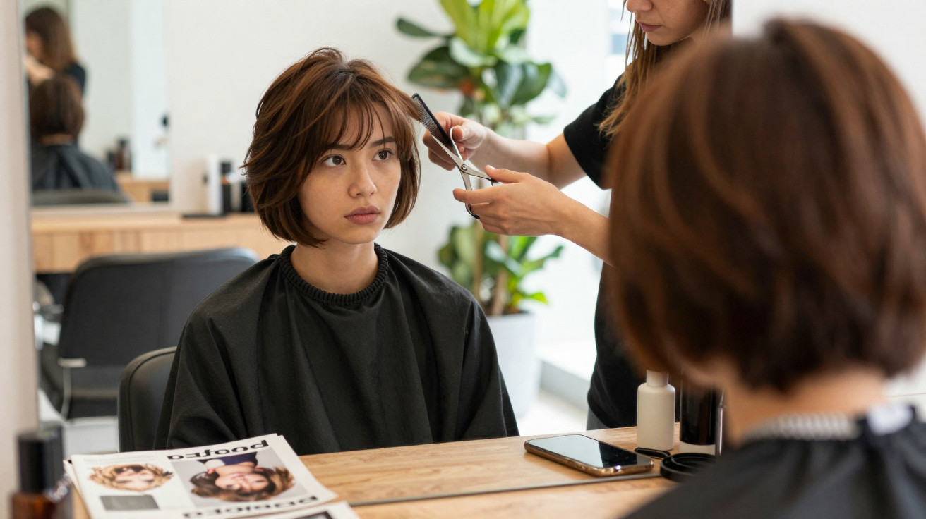 Mulher sentada num salão de cabeleireiro a receber um corte de cabelo curto por uma cabeleireira.