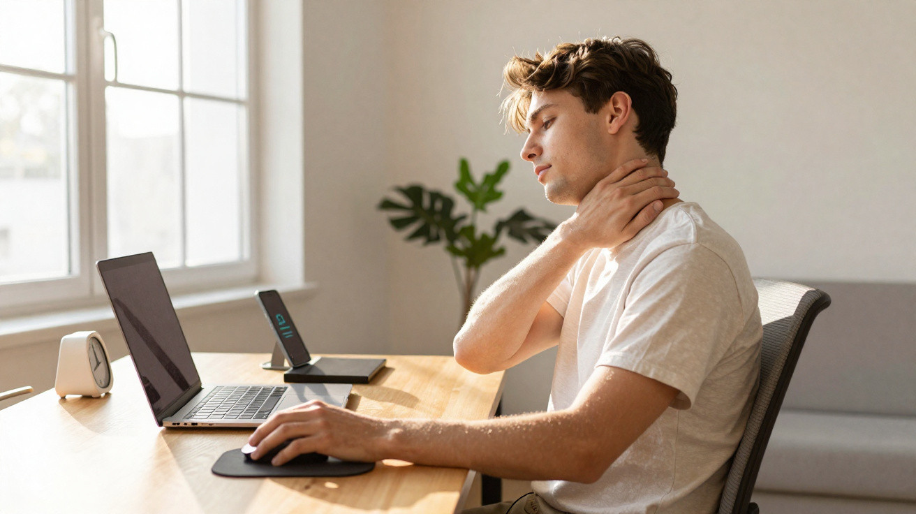 Jovem sentado numa cadeira junto a uma mesa, a usar computador e a massajar o pescoço.