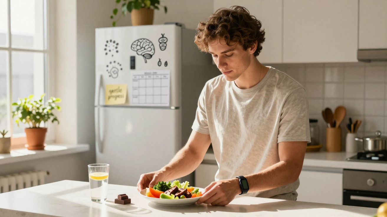 Homem jovem na cozinha a preparar uma salada saudável com legumes frescos e chocolate ao lado.