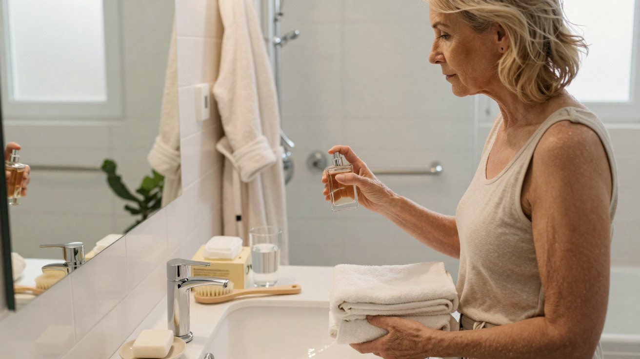 Mulher madura segura toalhas e frasco de perfume em banheiro moderno junto ao lavatório.