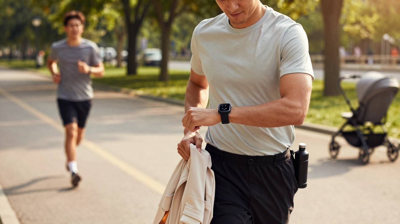Homem a correr no parque, a olhar para o relógio inteligente no pulso, com outro homem a correr ao fundo.