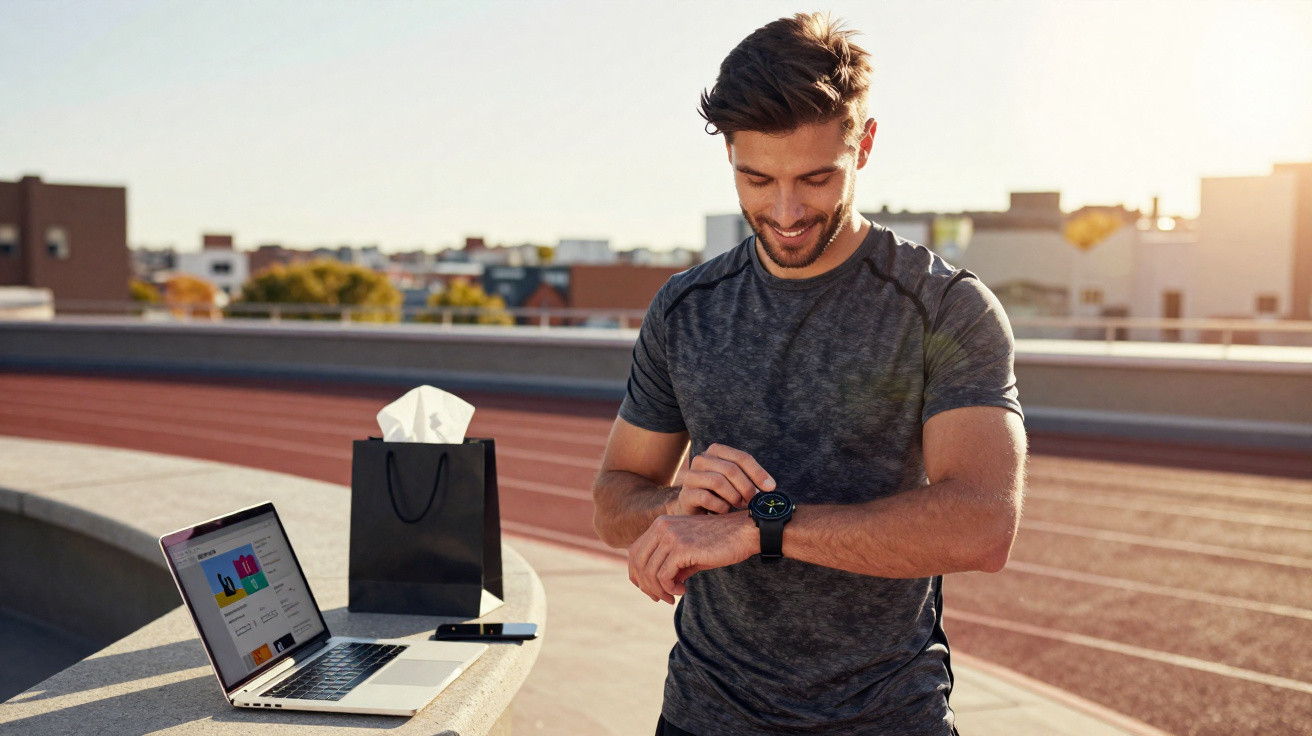 Homem em roupa desportiva a consultar relógio inteligente junto a laptop num estádio ao ar livre.