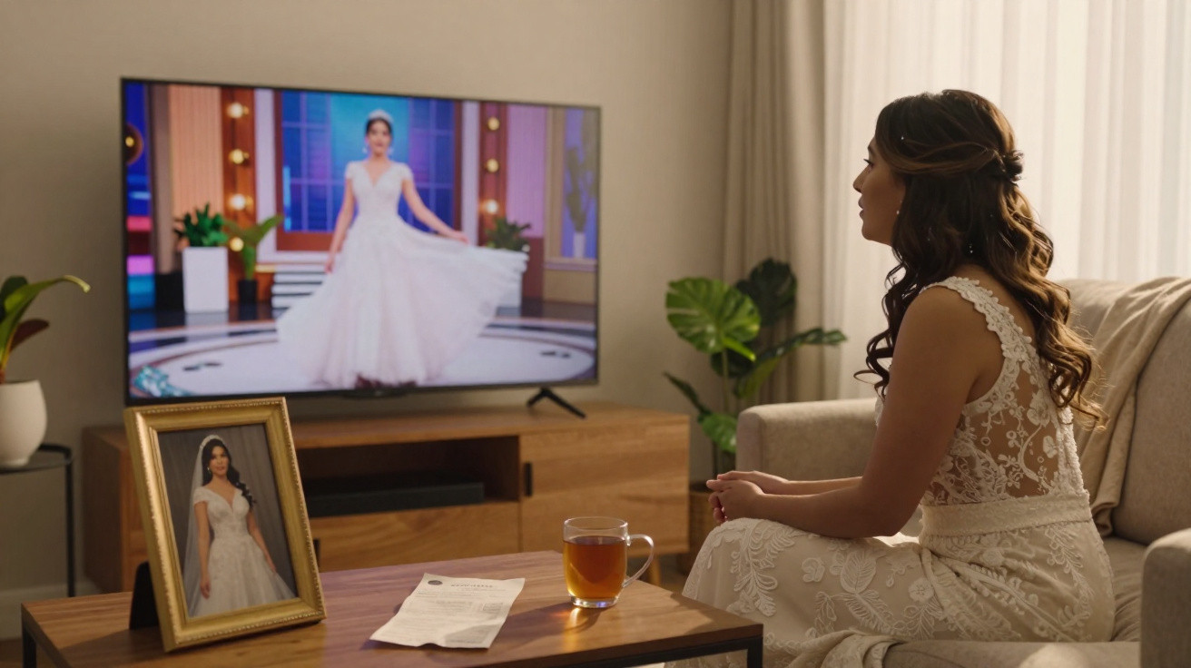 Mulher de vestido branco sentada no sofá a ver programa de moda nupcial na televisão.