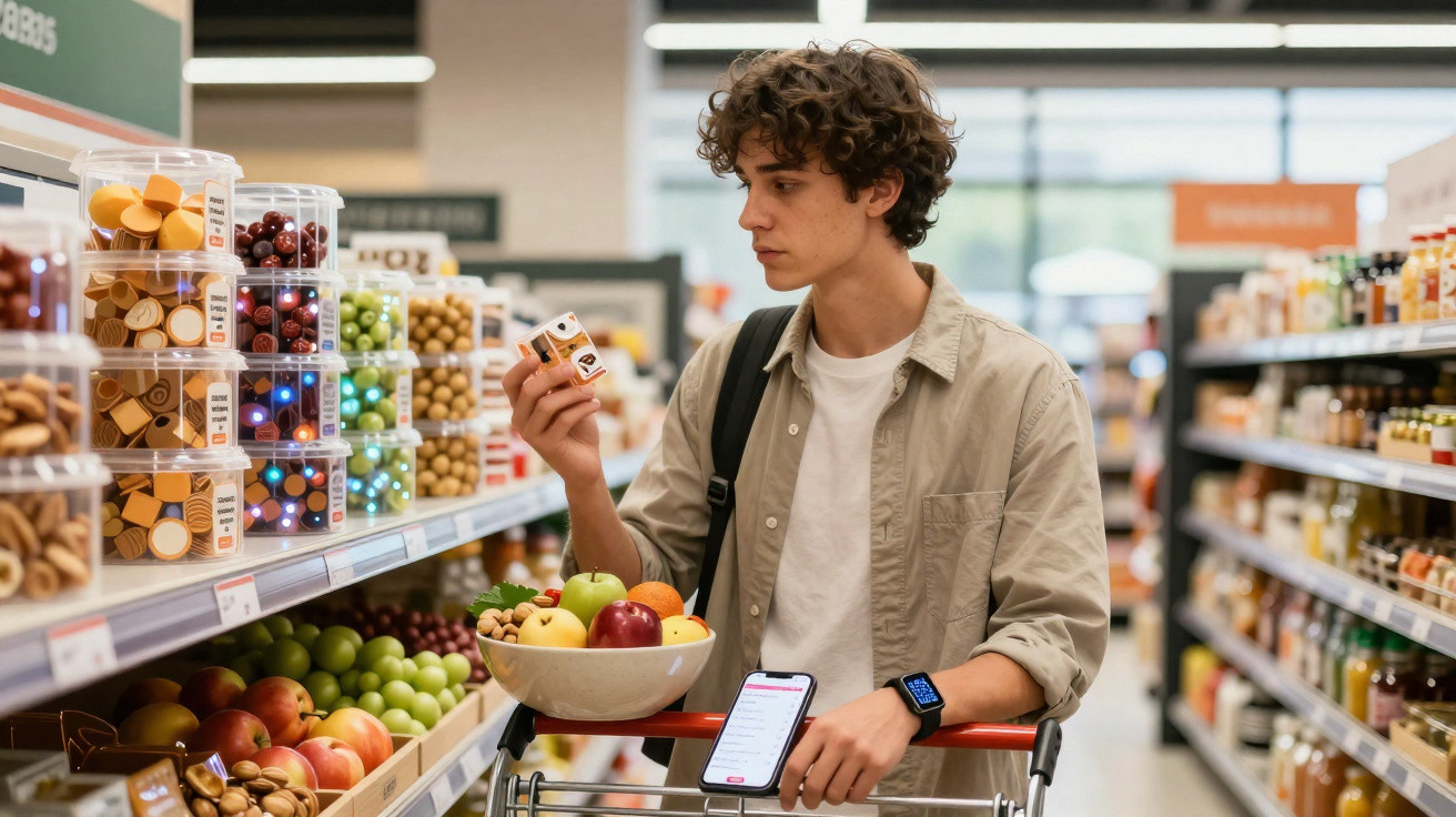 Jovem a fazer compras no supermercado, segurando um produto e com uma lista no smartphone no carrinho.