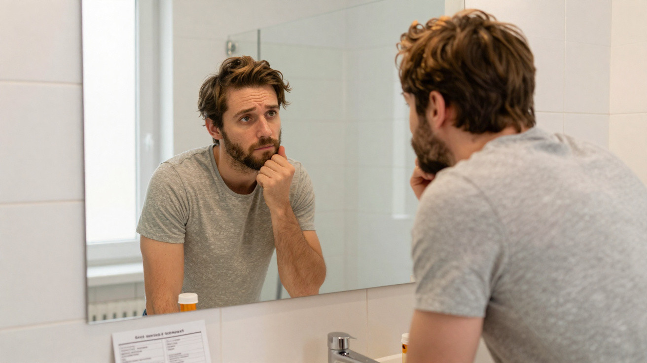 Homem com expressão preocupada olhando-se ao espelho na casa de banho, vestindo t-shirt cinza.
