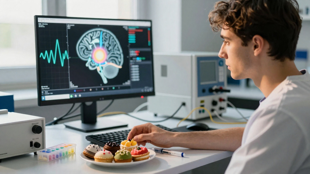 Homem a estudar a atividade cerebral no ecrã enquanto escolhe um bolo colorido numa placa.