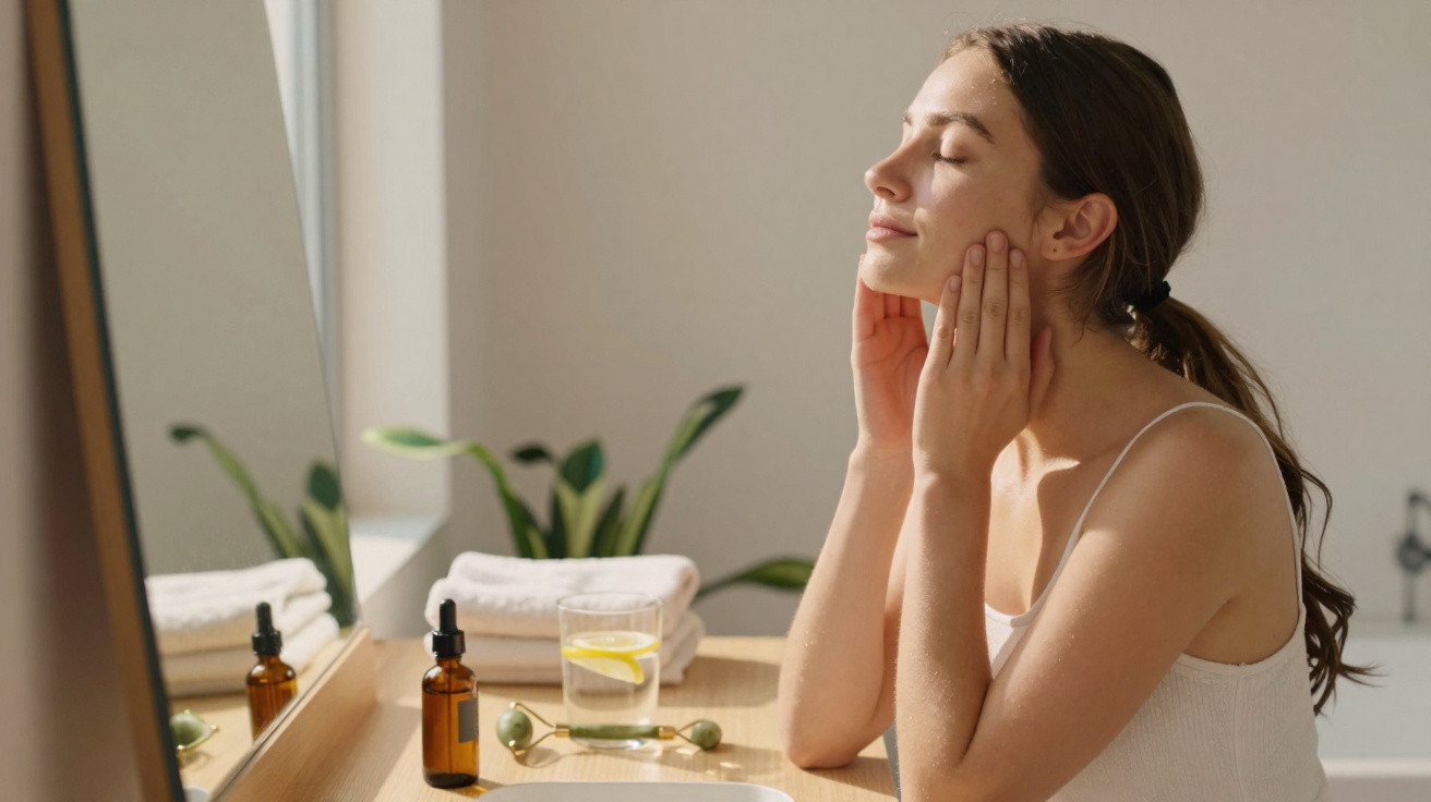 Mulher aplica cuidados faciais junto a espelho, ambiente sereno com luz natural e plantas ao fundo.
