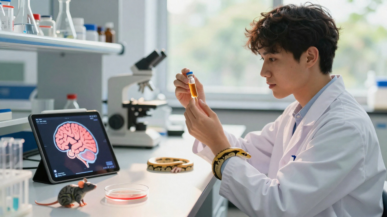 Cientista em laboratório observa amostra, com rato, serpente e imagem digital de cérebro ao fundo.