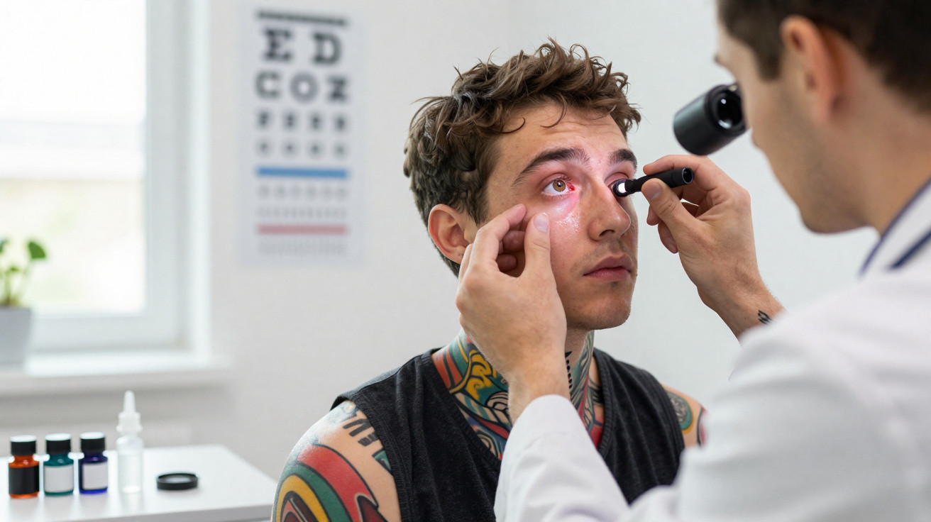 Médico examina olho inflamado de jovem com tatuagens numa clínica de oftalmologia.