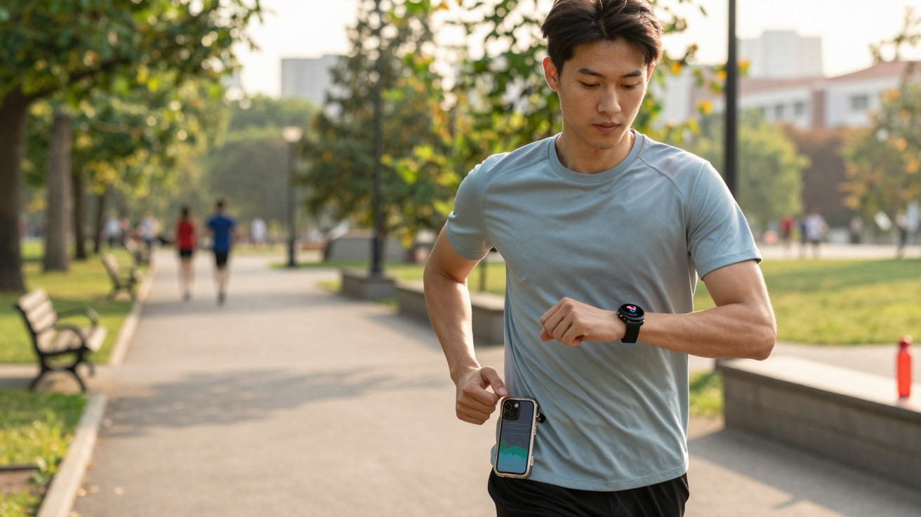 Homem a correr num parque a olhar para o relógio inteligente no pulso, com smartphone preso na cintura.