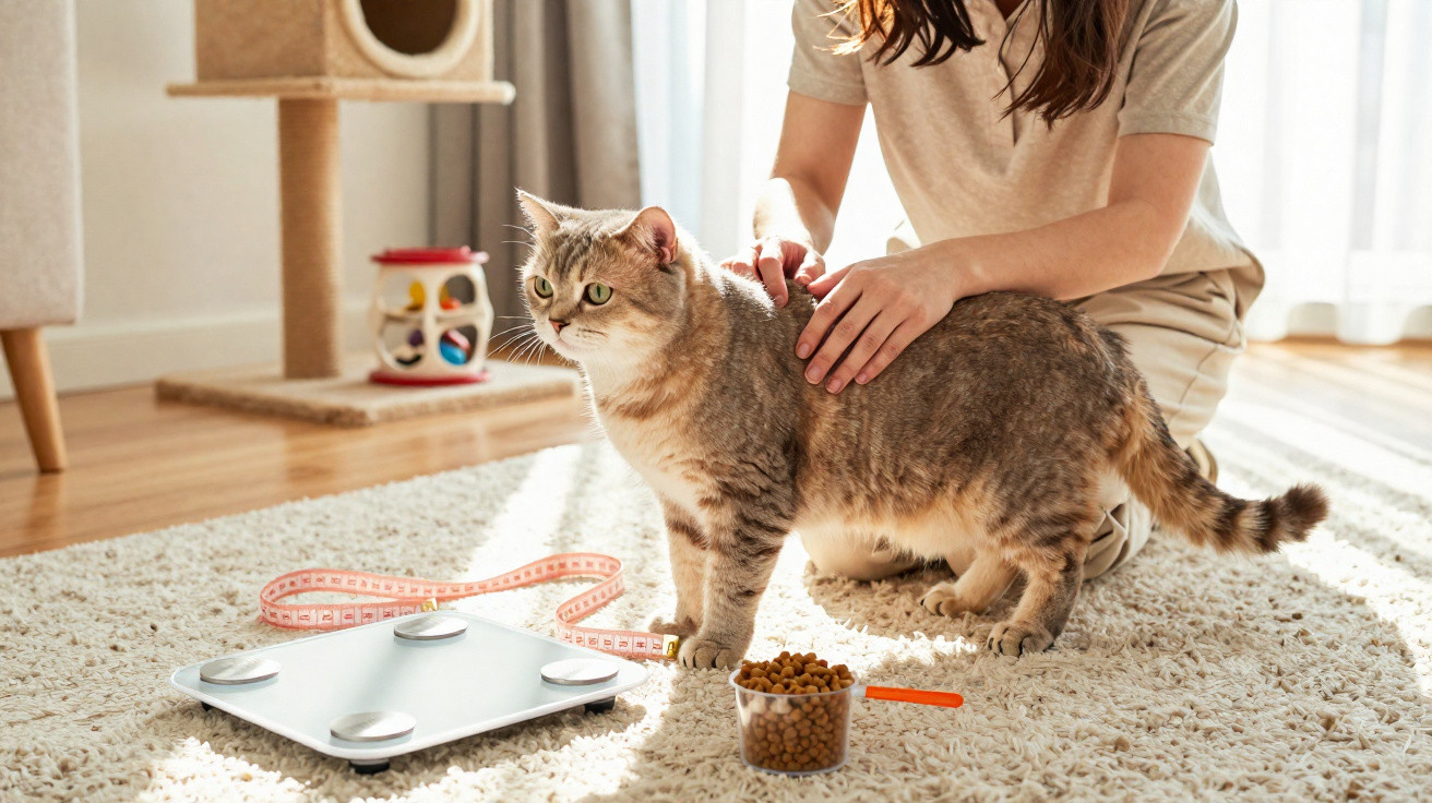 Gato cinza a ser acariciado por uma pessoa junto a comida, fita métrica e balança numa sala iluminada.
