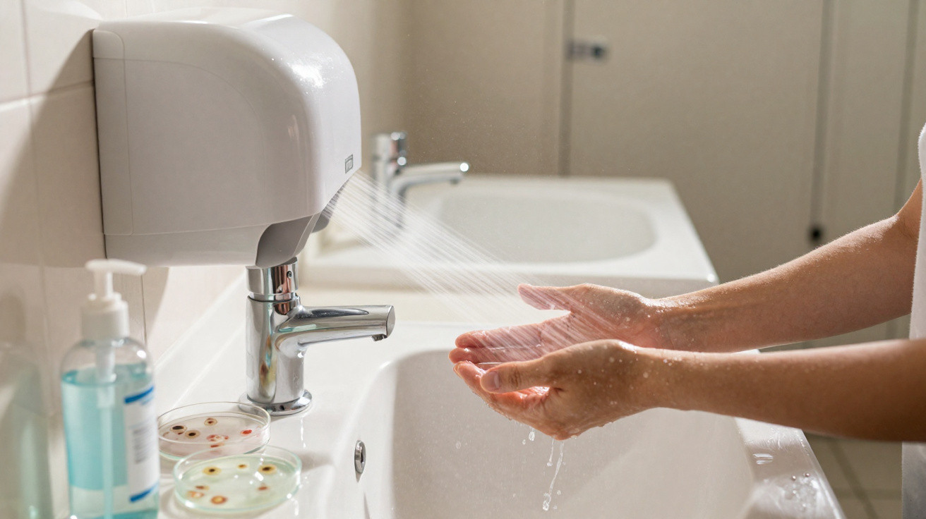 Mãos a serem secas com ar quente num secador automático próximo a um lavatório e frasco de álcool em gel.