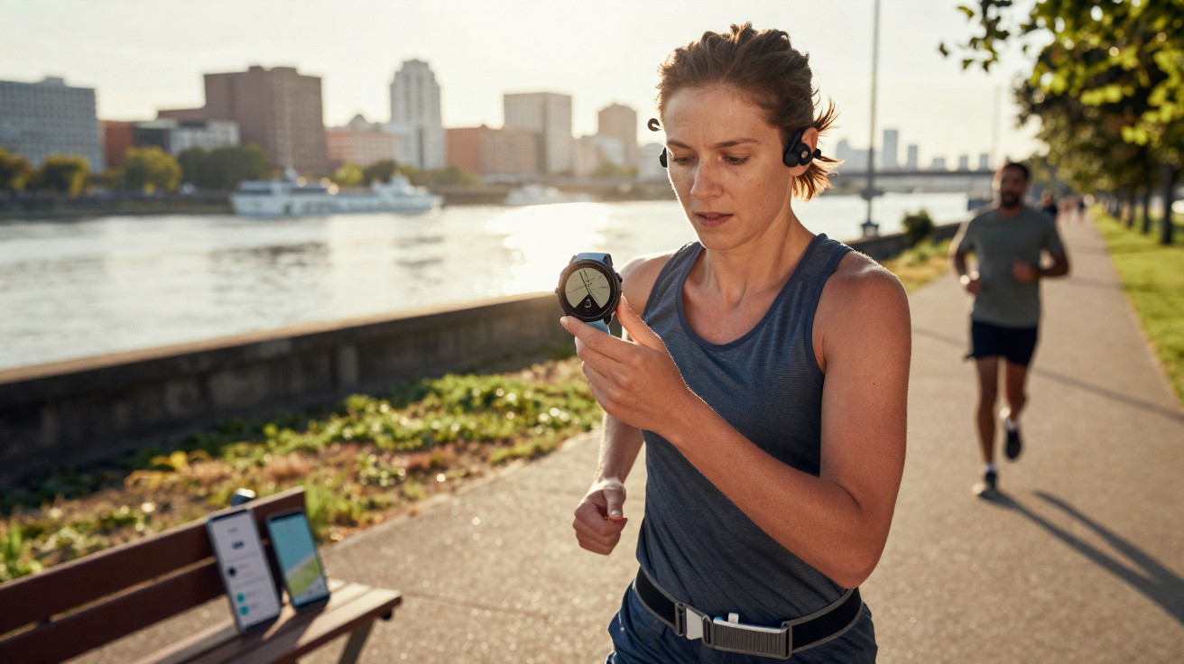 Mulher a correr ao ar livre junto a um rio, olhando para relógio desportivo no pulso.
