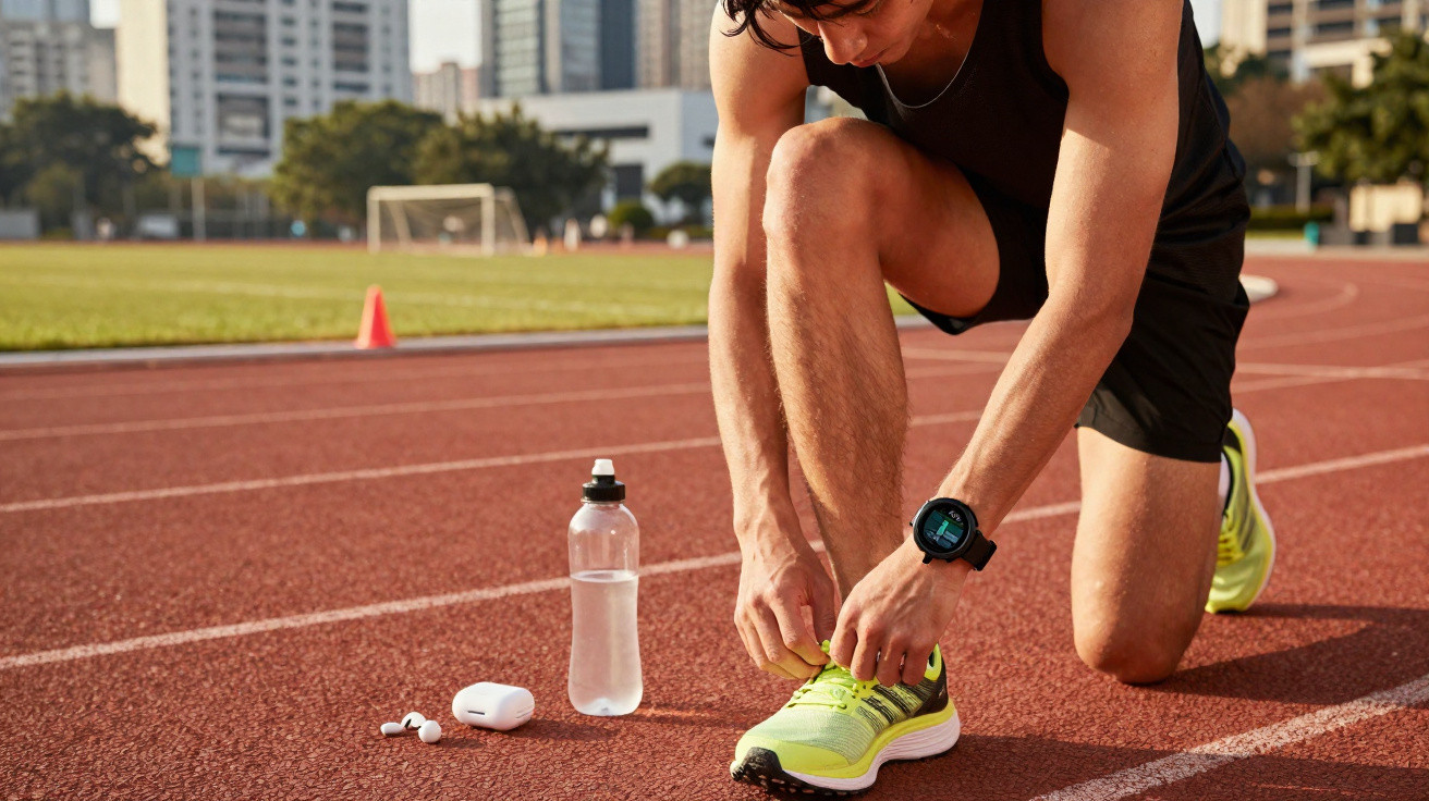 Homem amarra ténis amarelos numa pista de atletismo ao ar livre com garrafa de água e auriculares ao lado.