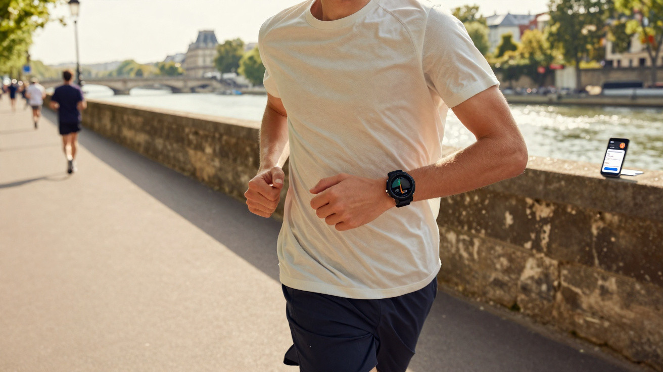 Homem a correr junto a um rio usando relógio inteligente em dia soalheiro.