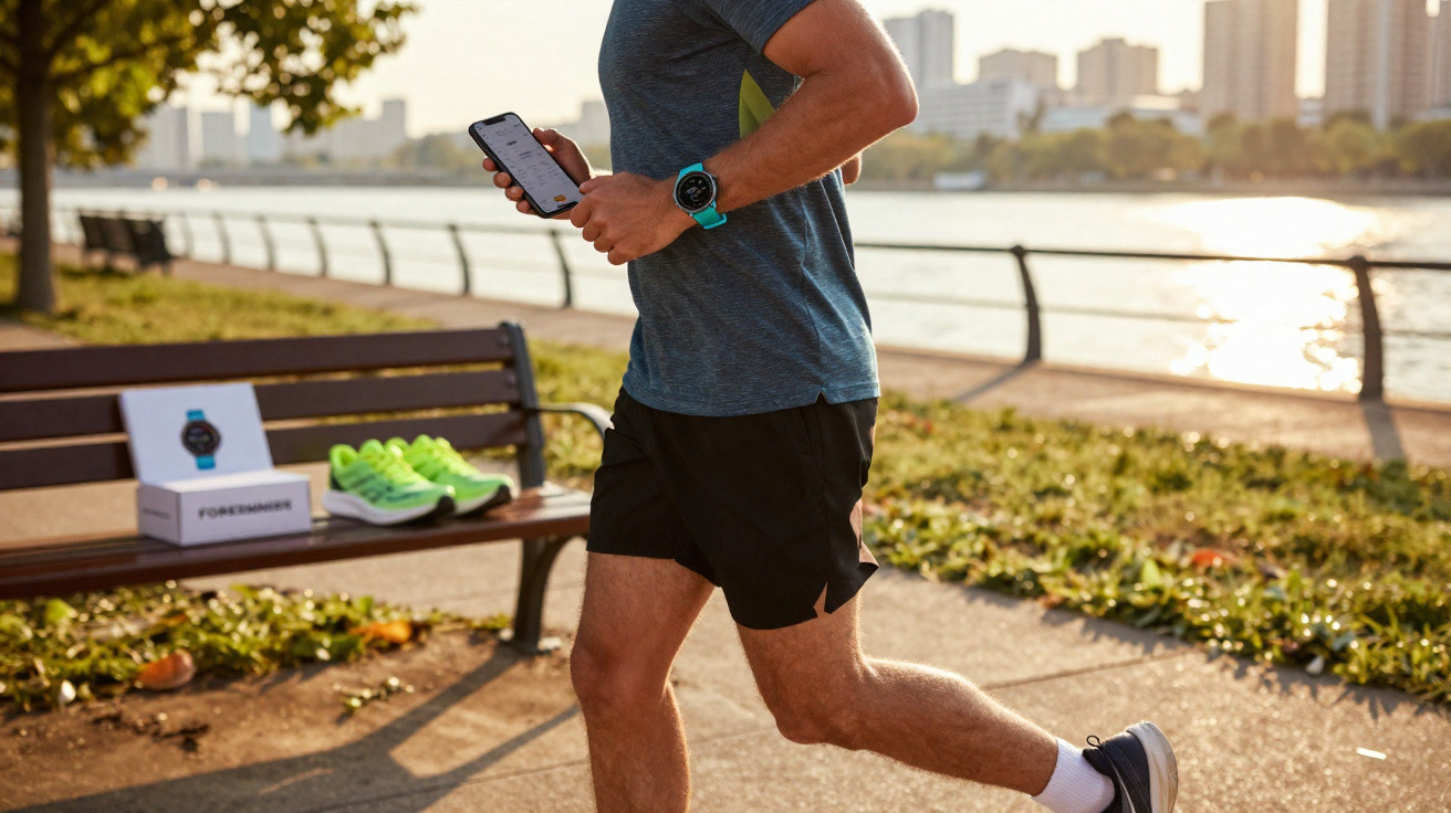 Homem a correr junto a um parque ribeirinho, a consultar um smartwatch e um telemóvel.